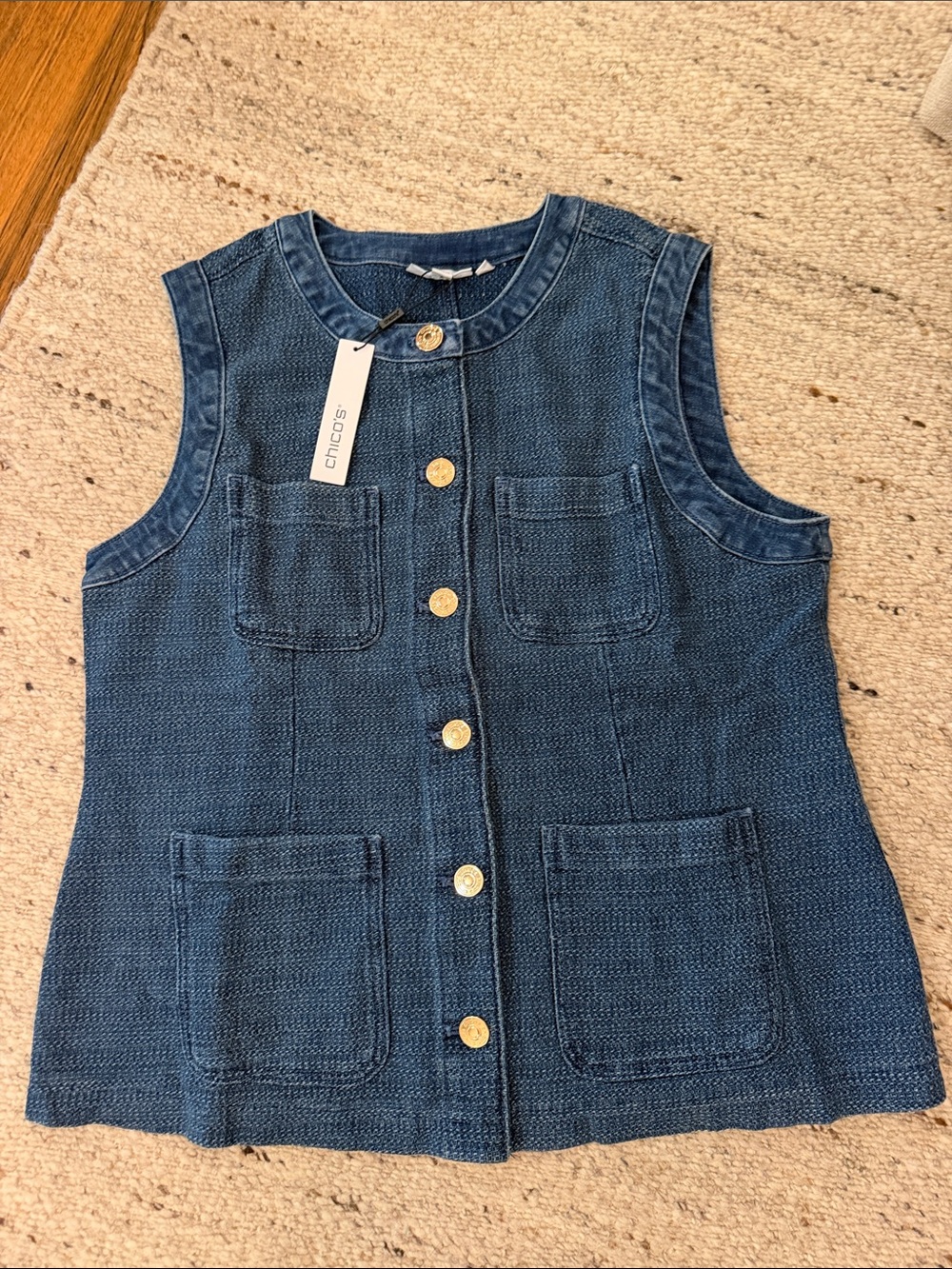 NWT Chico's Mist Flower Indigo Tweed Denim Vest - Indigo Blue
